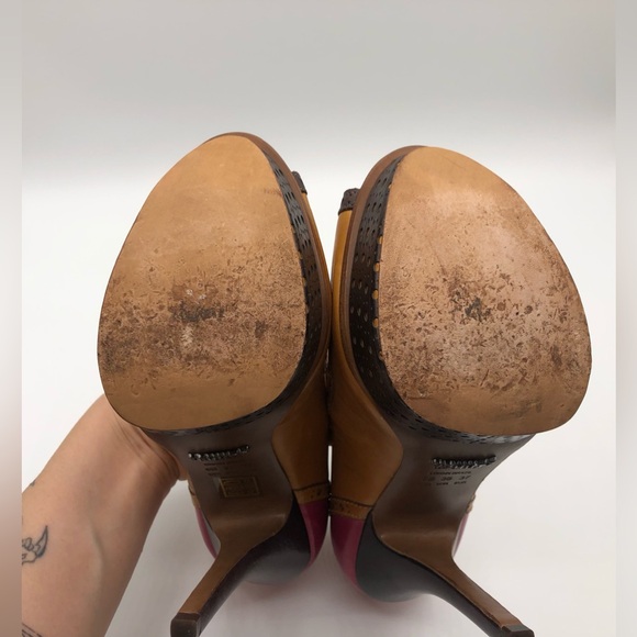 Schutz Tan Pink Leather Mary Jane T-Strap Peep Toe Stiletto Heels Women’s Size 6 - Picture 9 of 12